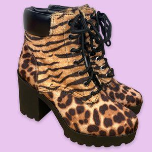 NEW Aldo Nispel Mixed Animal Print Faux Horsehair Lug Sole Lace-Up Booties
